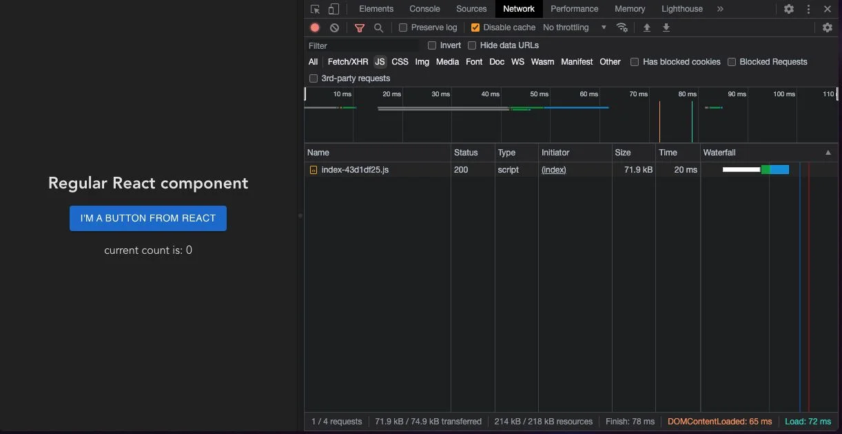 A screenshot of a React app with the devtools network pane on the right side.